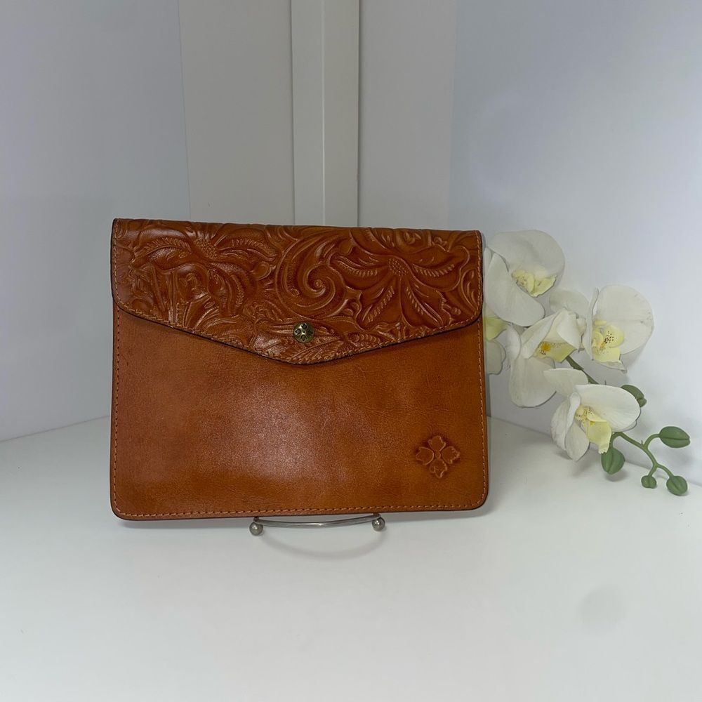 Patricia Nash Tooled Midi Tech Portfolio Brown Leather Clutch